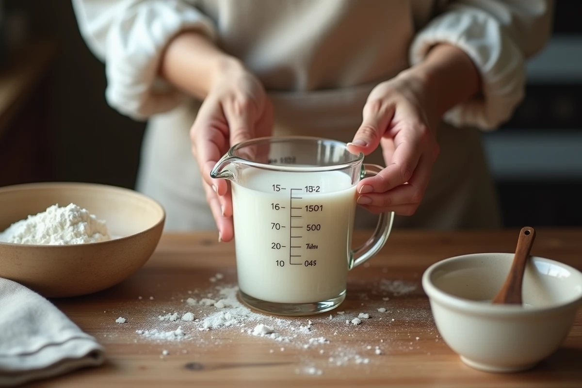 Verre doseur contenant 10 cl de lait frais entier posé sur un plan de travail en bois avec bol en céramique et farine