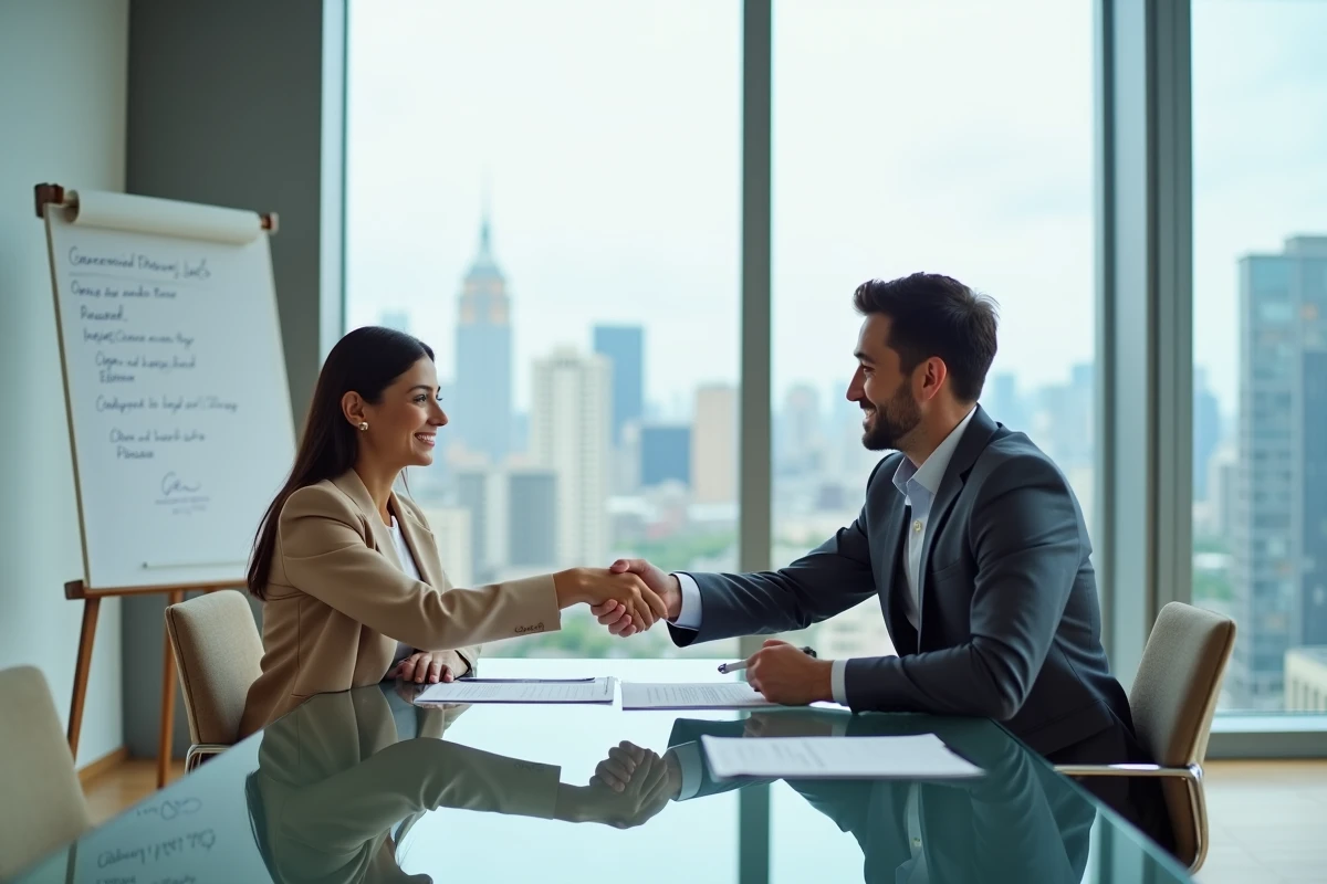 Deux professionnels signant un accord commercial en se serrant la main dans une salle de réunion moderne, symbolisant l'offre et l'acceptation selon l'article 1113 du code civil