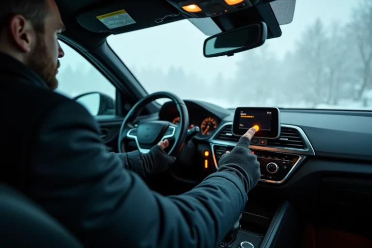 Main gantée appuyant sur le bouton de dégivrage de rétroviseur sur le tableau de bord d'une voiture par temps froid
