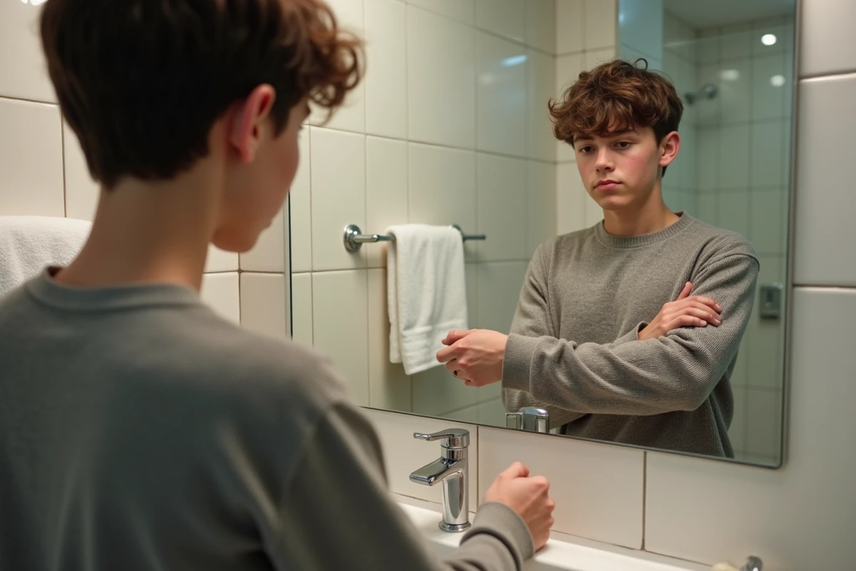 Adolescent regardant ses boutons dans le miroir de la salle de bain