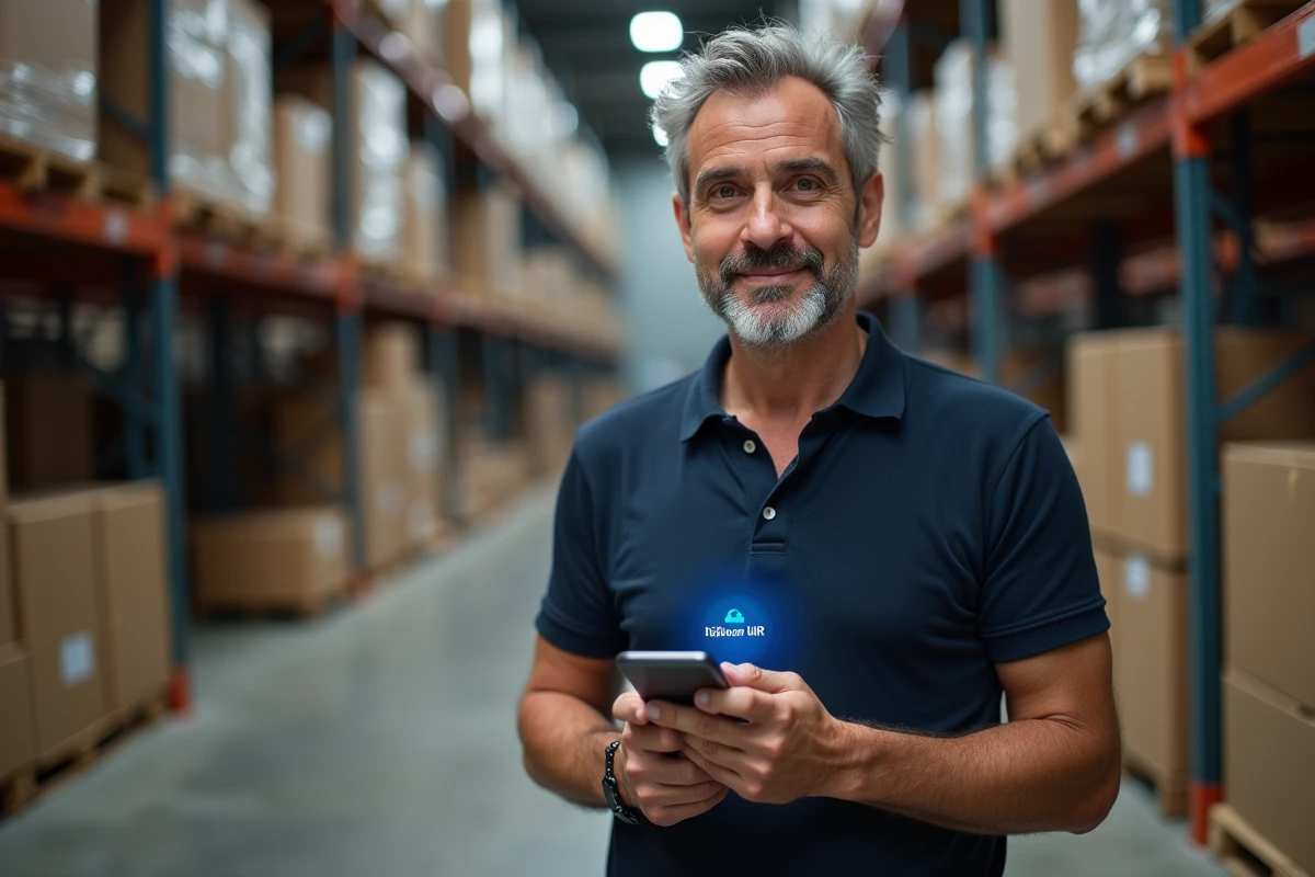 Agent logistique La Poste utilisant une application RH mobile pour se connecter à Ma Box RH dans un centre de tri