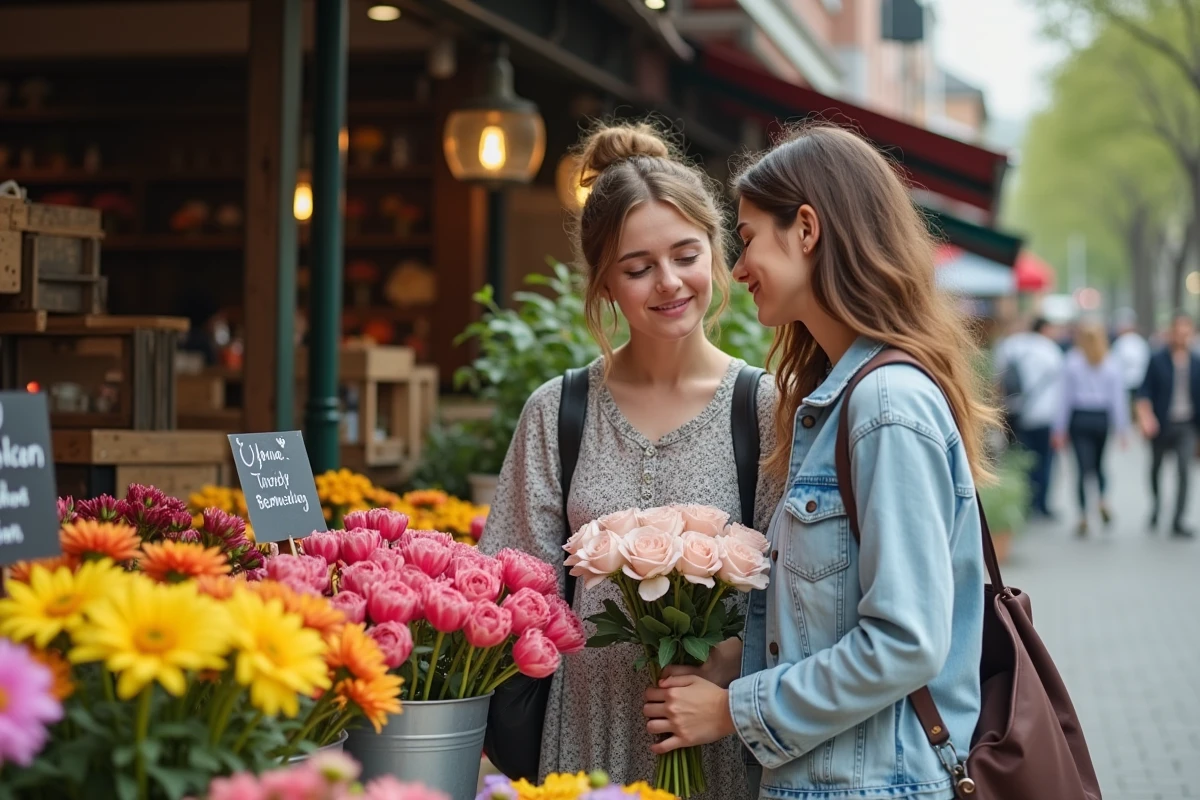 Amis choisissant des fleurs au marché en plein air