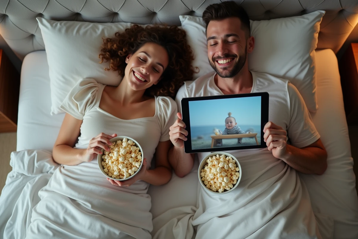 Deux amis regardant un film en streaming sur une tablette dans une chambre à coucher