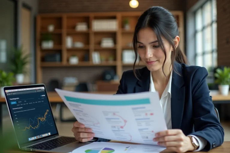 Professionnelle du marketing digital analysant un rapport de backlinks SEO à son bureau dans un open space moderne