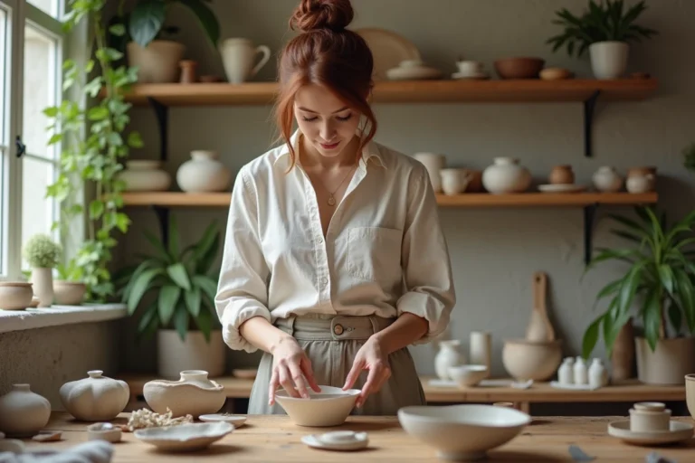 Femme créative arrangeant des céramiques dans un atelier lumineux