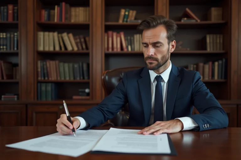 Avocat en costume marine examinant un contrat juridique dans un bureau traditionnel avec bibliothèque, illustrant l'article 1113 du code civil sur la formation du contrat