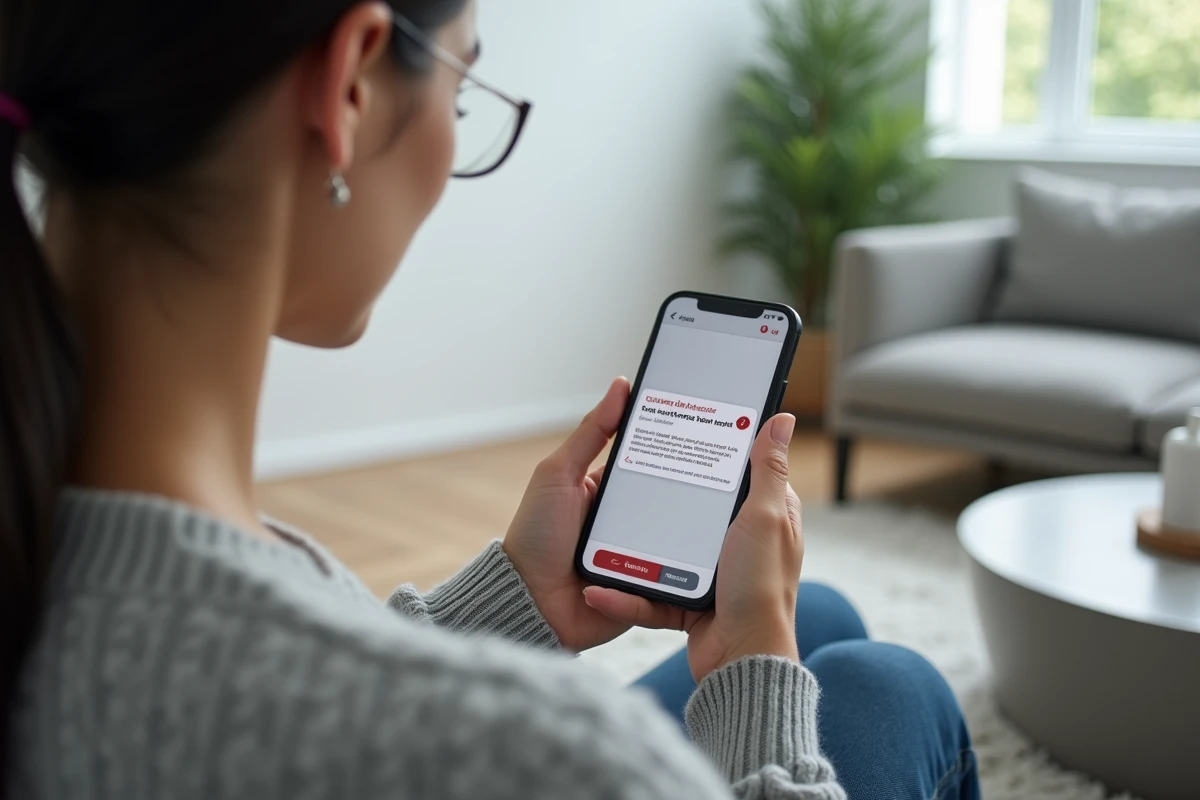 Femme consultant son smartphone face à un message de blocage géographique sur un navigateur mobile