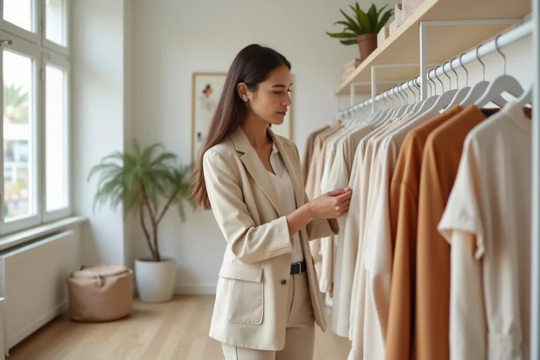 Femme parcourant les nouveautés de la collection Camille Un Point C'est Tout dans une boutique de mode contemporaine