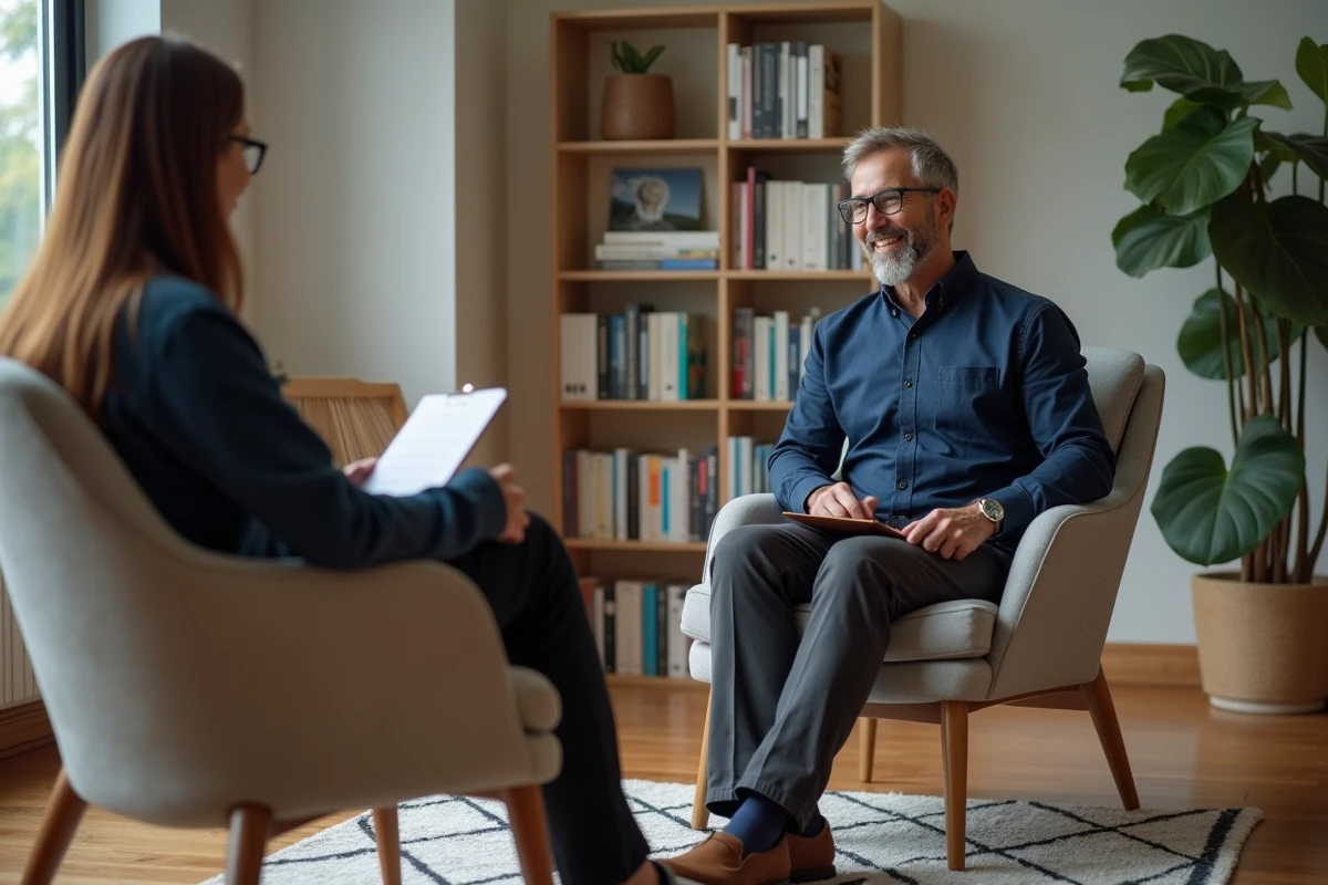 Cabinet de consultation d'un psychologue avec fauteuils en face à face dans un bureau chaleureux