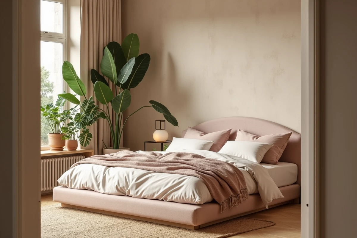 Chambre tendance 2024 avec tête de lit incurvée en lin rose, literie en coton bio et plantes d'intérieur sur étagère en chêne blanchi