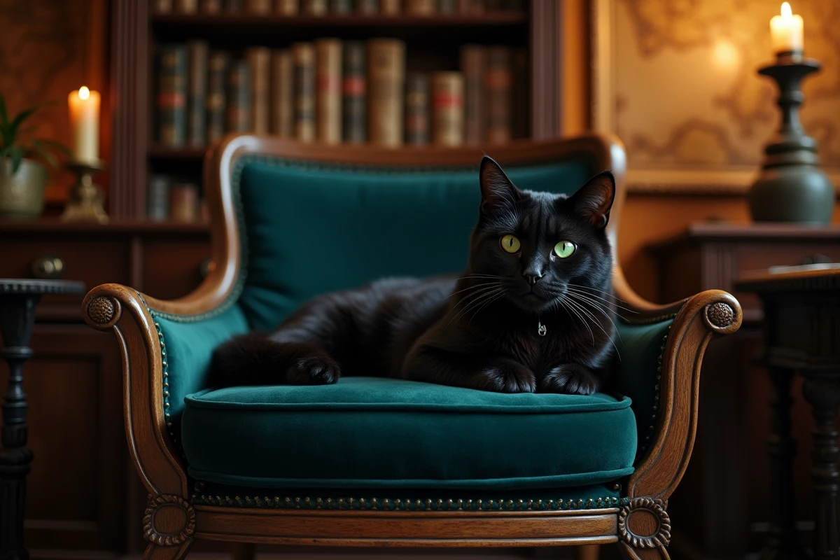 Chat noir aux yeux verts allongé sur un coussin en velours dans un bureau vintage mystérieux rempli de livres anciens
