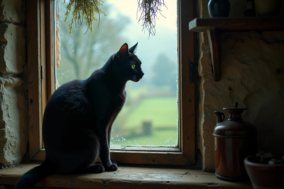 Chat noir aux yeux verts perché sur un rebord de fenêtre rustique dans un vieux cottage avec vue brumeuse