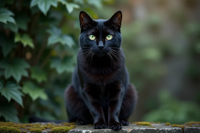 Chat noir aux yeux verts assis sur un vieux mur de pierre moussu dans un jardin atmosphérique