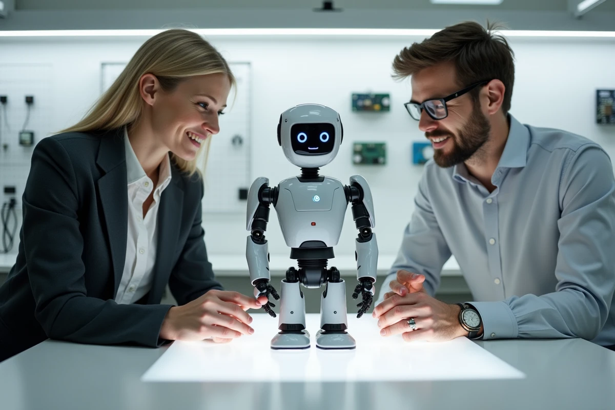 Deux chercheurs examinant un prototype de robot humanoïde dans un laboratoire technologique innovant