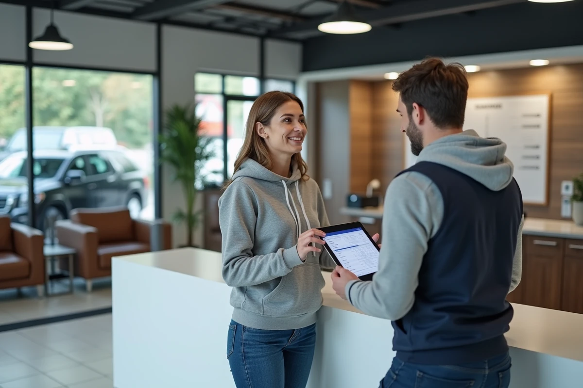 Cliente discutant des services d'entretien de son véhicule avec un conseiller dans un centre auto moderne