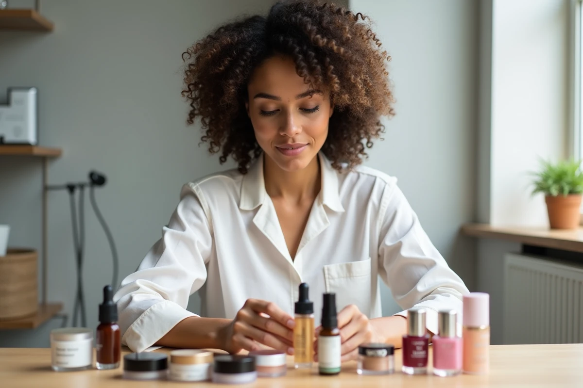 Femme comparant plusieurs produits de beauté de marques concurrentes sur une coiffeuse minimaliste à domicile