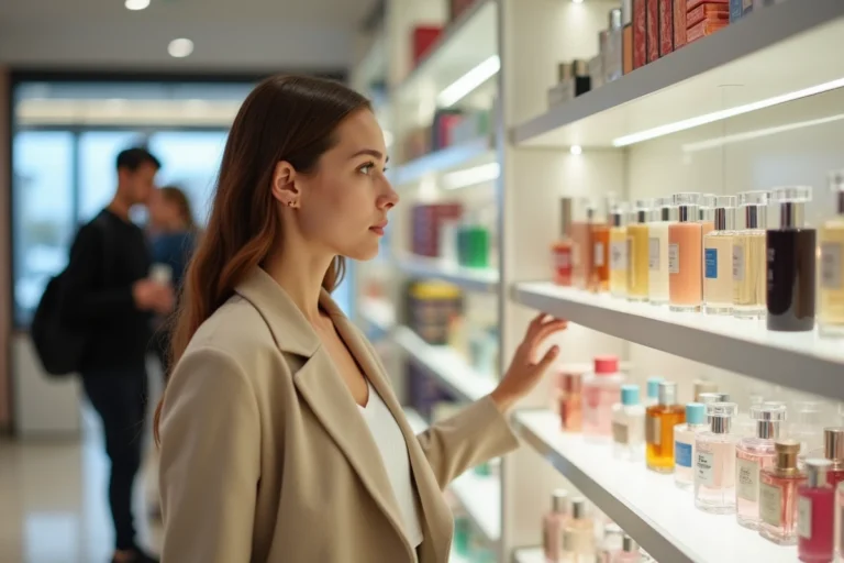 Jeune femme découvrant des parfums et cosmétiques dans une boutique de beauté moderne, illustration du marché concurrentiel de la beauté