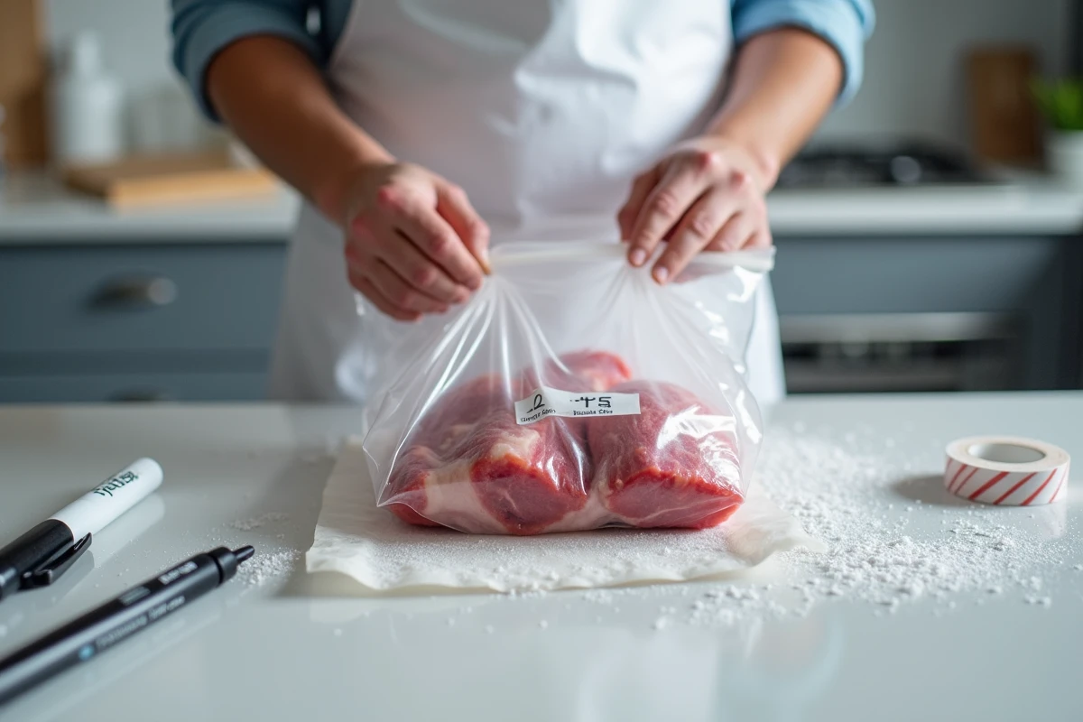 Wrapping sheep testicles in cling film for freezing with a labeled freezer bag and an open freezer drawer in the background