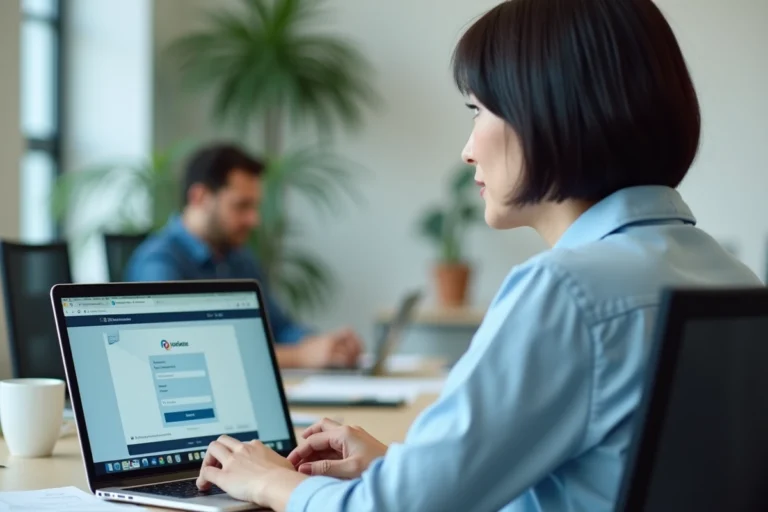 Employée de La Poste connectée à un extranet RH sur son ordinateur portable dans un open space moderne
