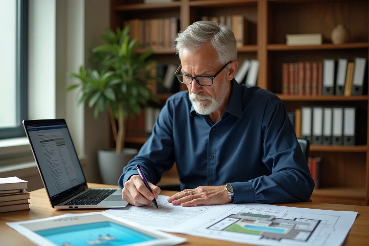 Conseiller fiscal annorant un avis de taxe foncière avec un plan de piscine et un ordinateur portable sur un bureau en bois