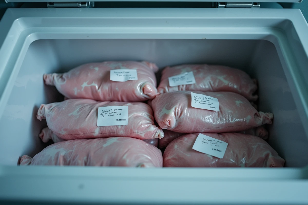 Well-labeled freezer bags containing frozen sheep testicles organized in a clean home freezer with visible frost crystals