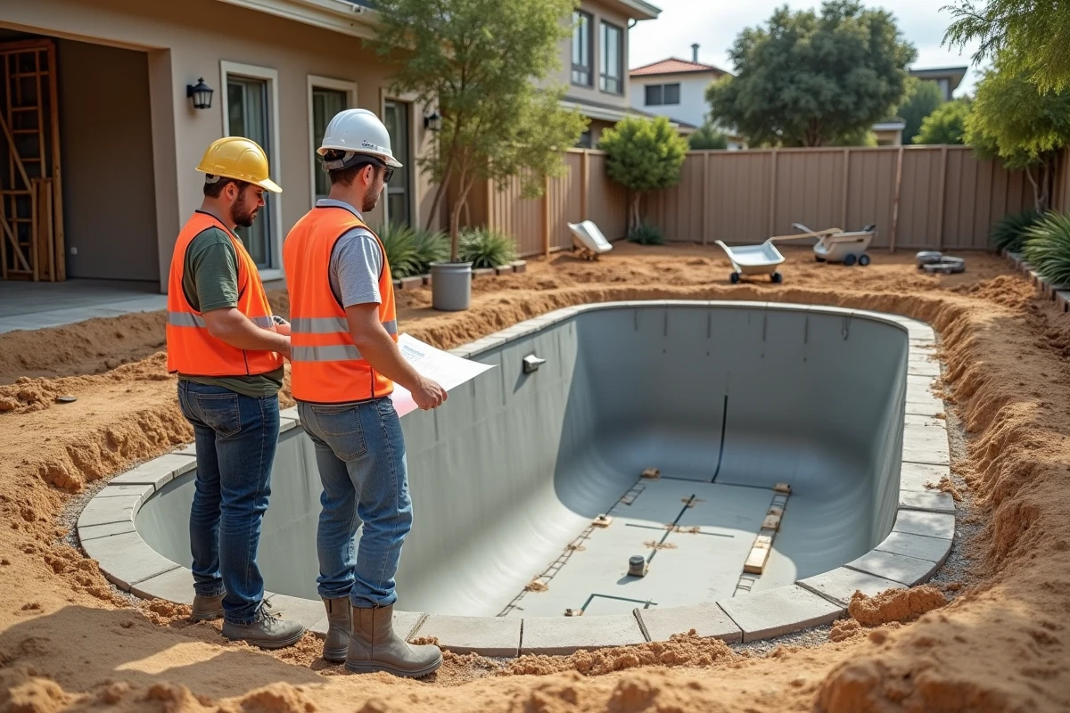 Chantier de construction d'une piscine en cours avec des ouvriers consultant les plans techniques dans un jardin résidentiel