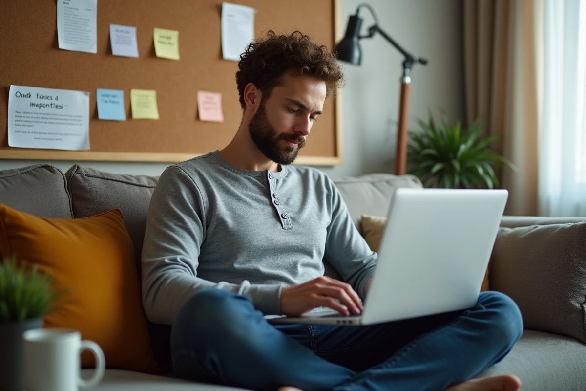Jeune consultant SEO en télétravail rédigeant un email de prospection pour obtenir des backlinks depuis son domicile