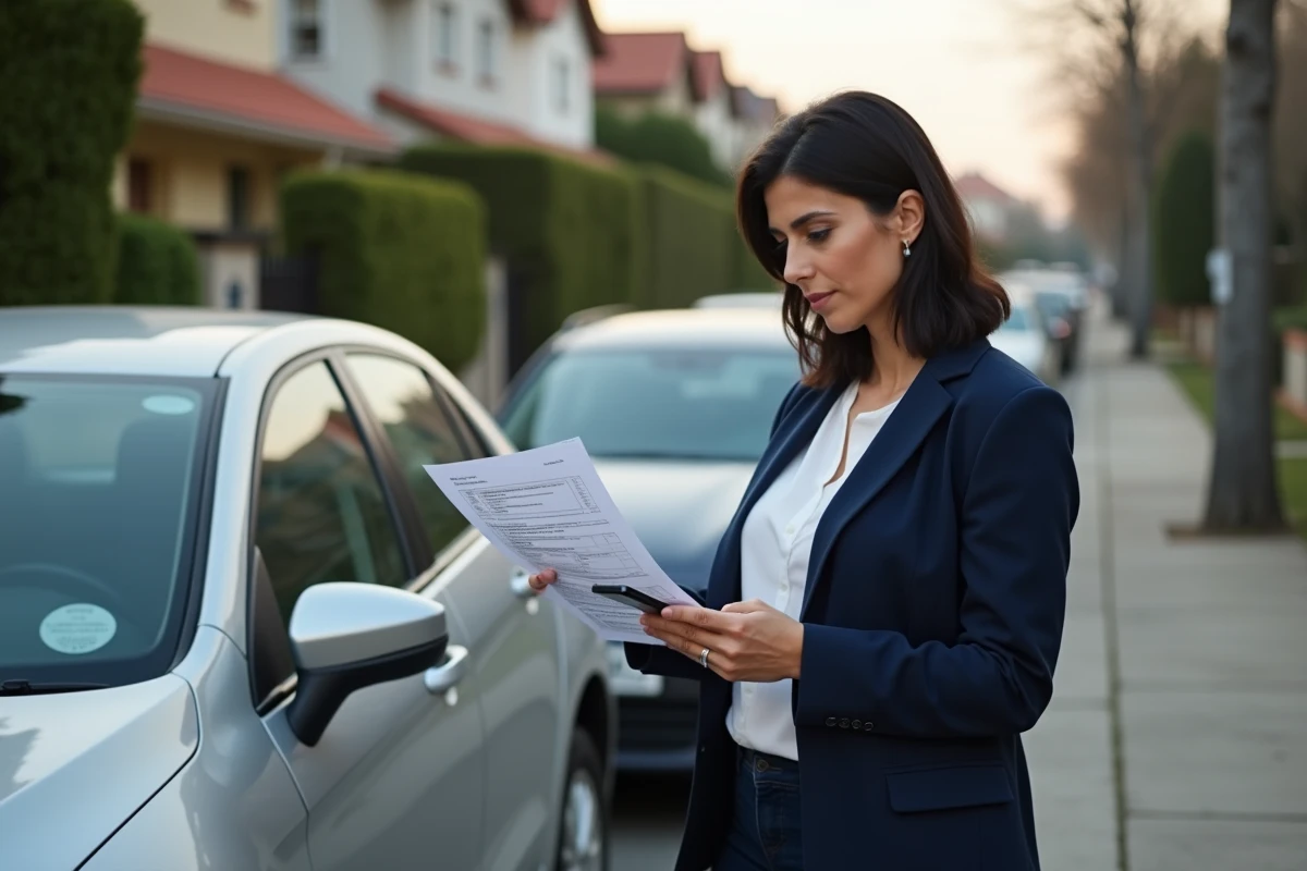 Femme vérifiant sur son smartphone l'enregistrement d'une cession de véhicule en tenant les documents officiels à côté de sa voiture