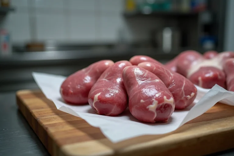 Couilles de mouton crues posées sur du papier boucher blanc dans une boucherie traditionnelle, prêtes à être préparées et congelées