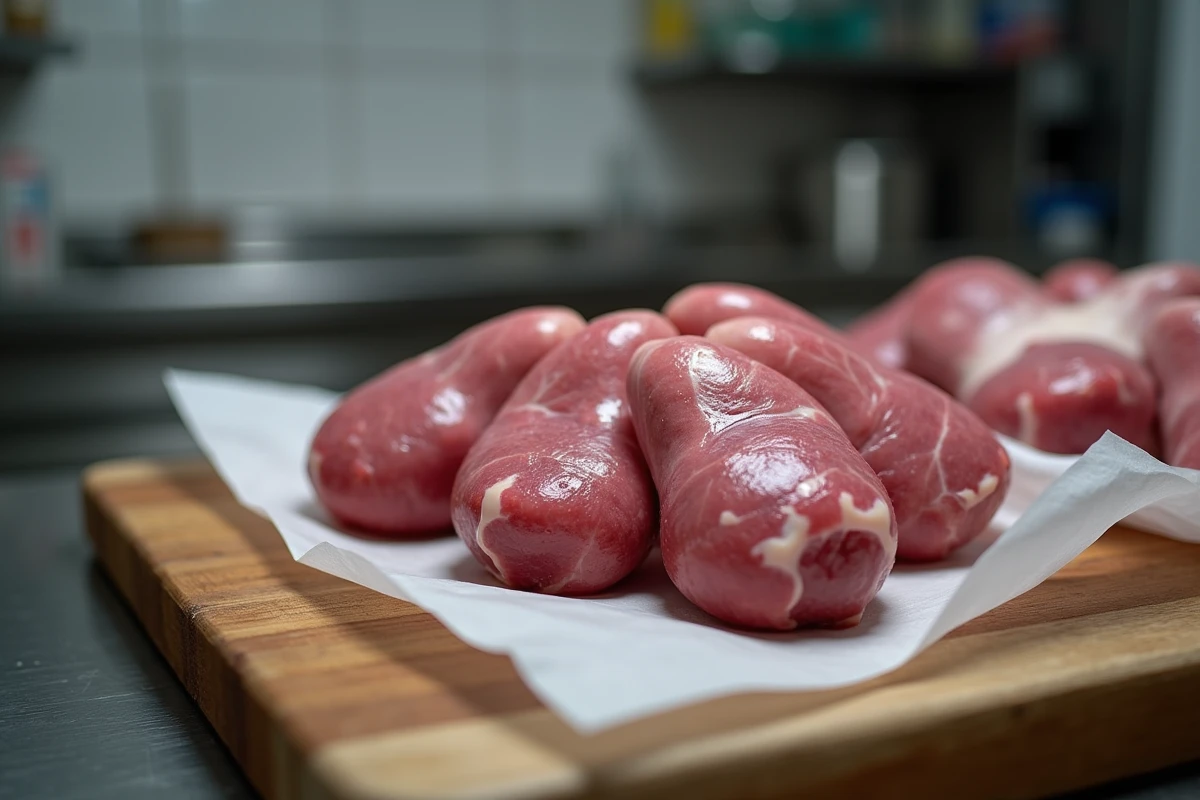 Couilles de mouton crues posées sur du papier boucher blanc dans une boucherie traditionnelle, prêtes à être préparées et congelées