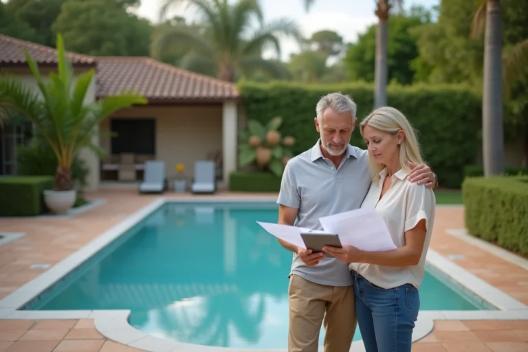 Couple de propriétaires consultant des documents fiscaux près de leur piscine nouvellement construite dans un jardin pavillonnaire