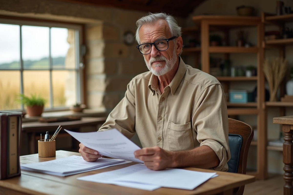 Agriculteur déclarant le fermage aux impôts avec des documents fiscaux sur un bureau en bois dans une maison rurale