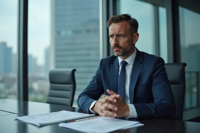 Dirigeant d'entreprise examinant des documents financiers dans une salle de réunion moderne, illustrant la question de confiance envers Adivak en 2026
