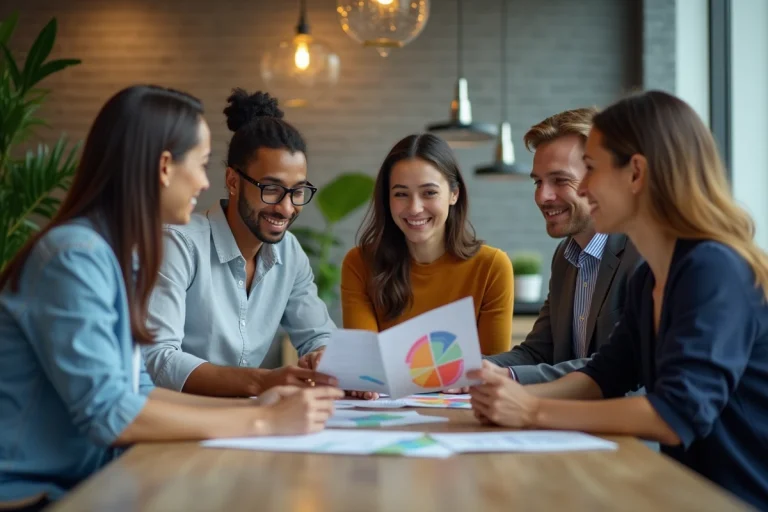 Groupe de collègues discutant autour de brochures de benefits