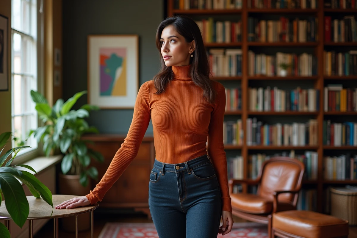 Femme cultivée en pull terracotta dans une bibliothèque vintage, univers féminin intellectuel et tendance