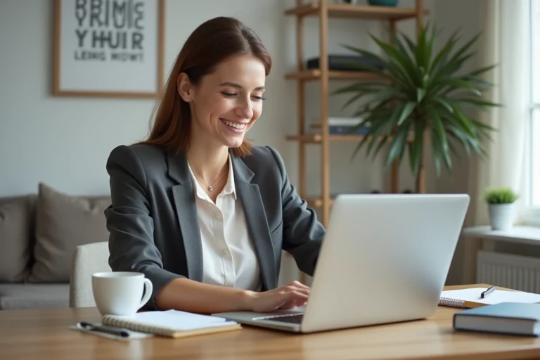 Femme souriante dans un bureau moderne et organisé