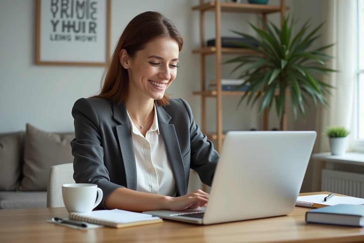Femme souriante dans un bureau moderne et organisé