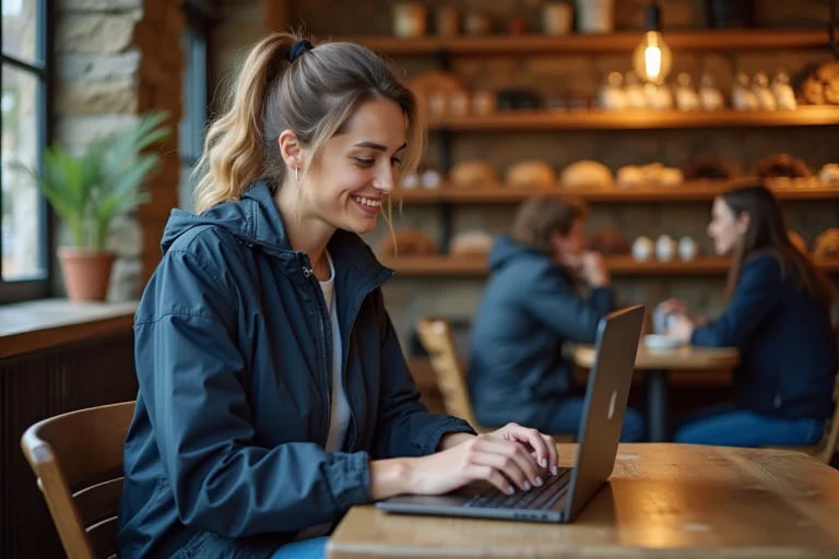 Femme souriante dans un café breton avec ordinateur portable
