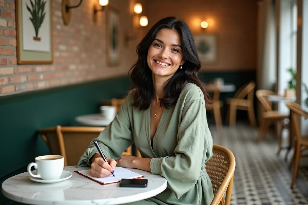 Jeune femme élégante écrivant dans un café parisien avec carnet et café, style de vie féminin moderne
