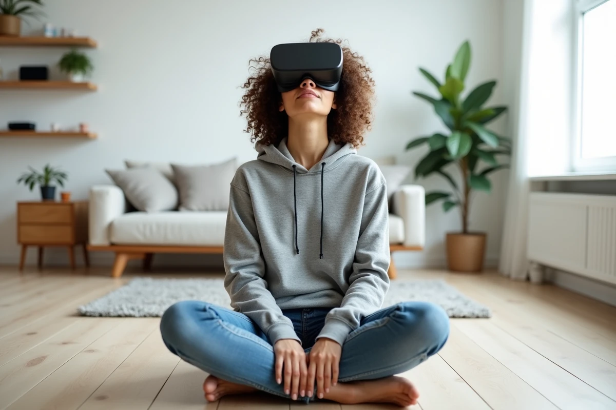 Femme portant un casque de réalité virtuelle dans un salon minimaliste moderne aux tendances high-tech