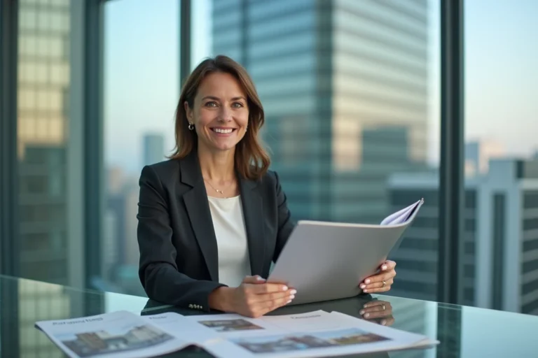 Femme confiante souriante dans un bureau immobilier moderne