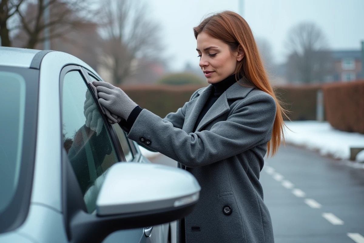 Femme essuyant le rétroviseur givré de sa voiture avec un chiffon microfibre dans un parking en hiver