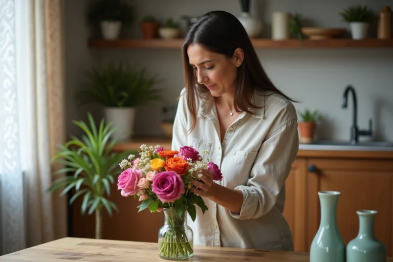 Femme arrangeant un bouquet de fleurs dans la cuisine