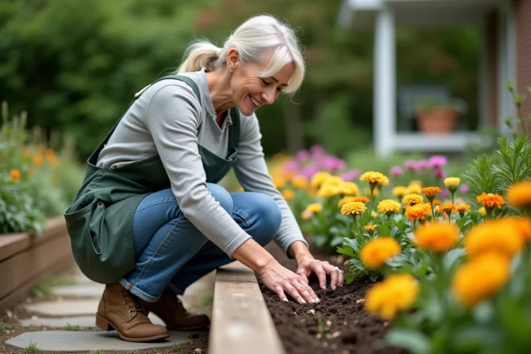 Femme en jardinage plantant des fleurs colorées dans un jardin