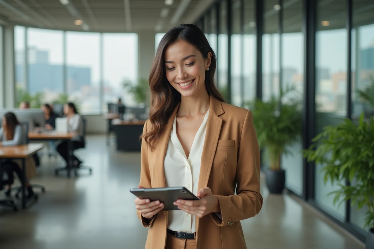 Femme professionnelle moderne en blazer camel consultant une tablette dans un bureau contemporain