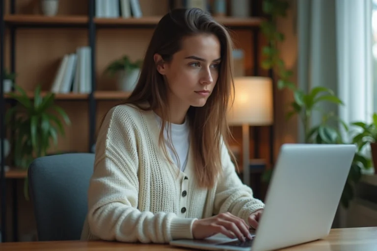 Jeune femme regarde un site de streaming sur son ordinateur