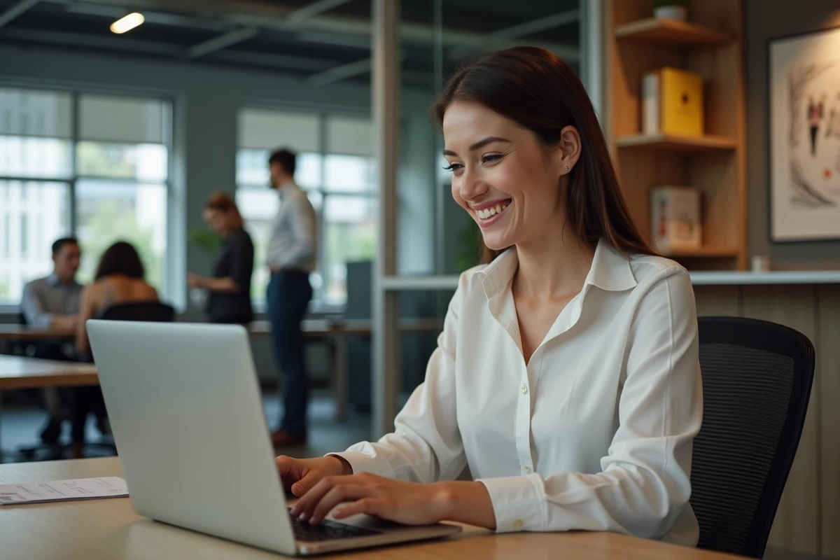 Jeune femme utilisant la plateforme Meyclub sur son ordinateur