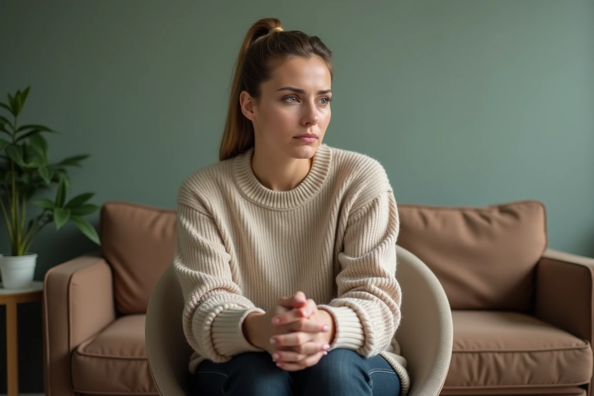 Femme assise dans une salle d'attente de cabinet de psychologue avant sa première consultation