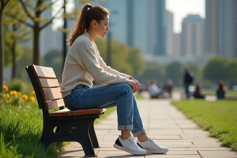 Femme assise dans un parc urbain en train de lacer ses chaussures