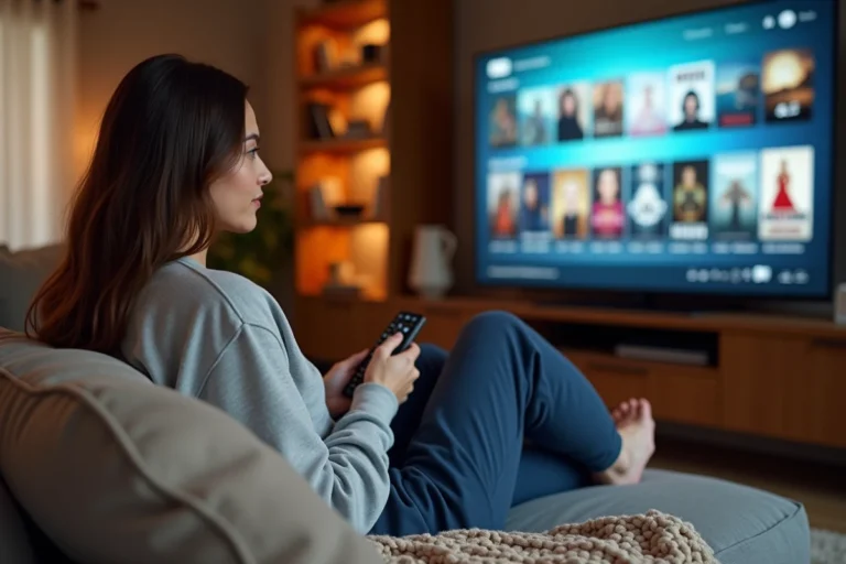 Jeune femme regardant un film en streaming sur sa télévision depuis son canapé